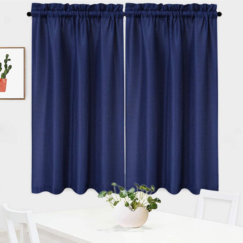 NANAN Tier Curtains,Waffle Weave Textured Tailored Short Curtains for Bathroom Waterproof Window Covering Kitchen Cafe Curtains - 30" x 45", Navy Blue, Set of 2 - Image 1